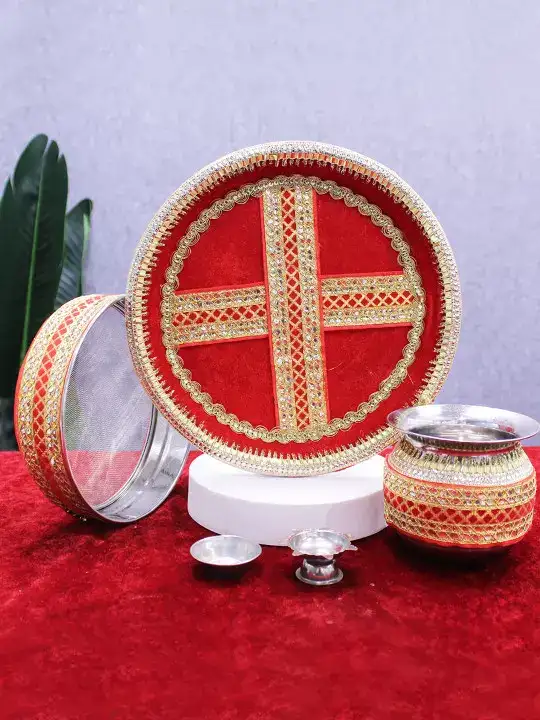 Image for TIEDRIBBONS-Red%26GoldToned3PiecesKarwaChauthPoojaThaliSet