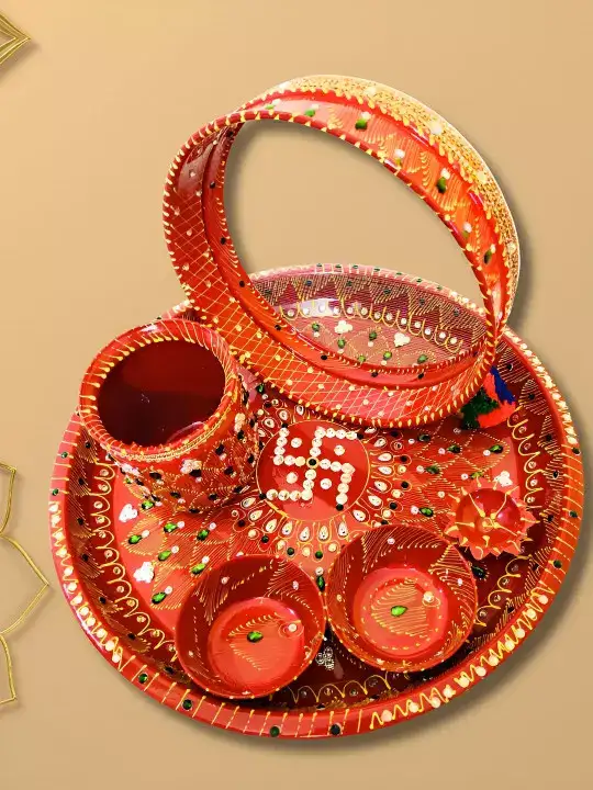 Image for BAISA-6PiecesRed%26YellowMetalKarwaChauthSet