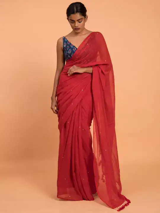 Image for Suta-RedEmbellishedSequinnedPureCottonSaree