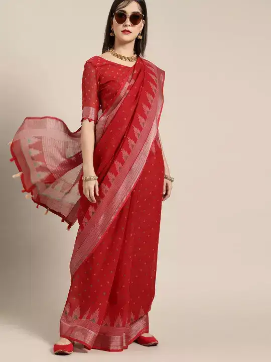 Image for SareeMall-SareeMallBlazingRedLinenBlendSaree