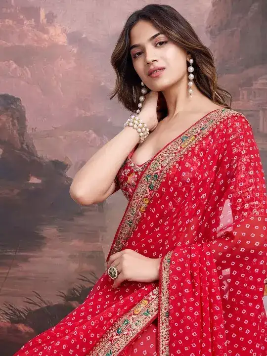 Image for HouseofPataudi-EmbroideredBandhaniSareeWithBlousePiece