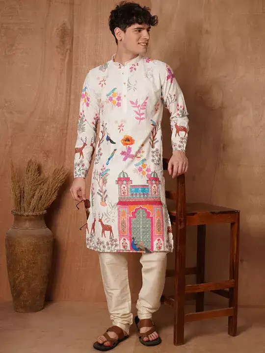 Image for TRYBUYIN-MenFloralPrintedChikankariIndiePrintsCottonKurta