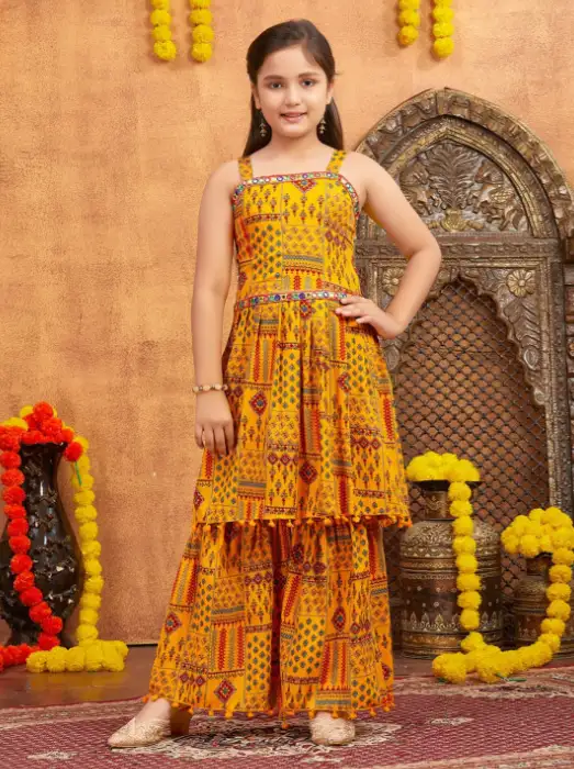 Image for AarikaGirlsEthnicMotifsPrintedEmpireMirrorWorkKurtawithSharara