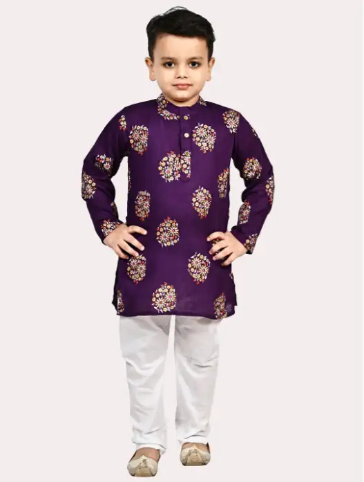 Image for SuperminisBoysPureCottonGoldFoilPrintedKurtaPyjamaSet