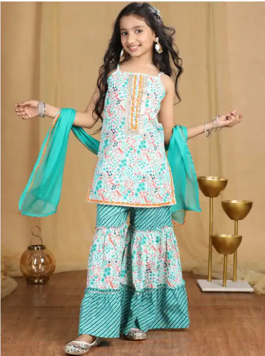 Image for CutiekinsGirlsFloralPrintedRegularGottaPattiKurtawithSharara%26Dupatta