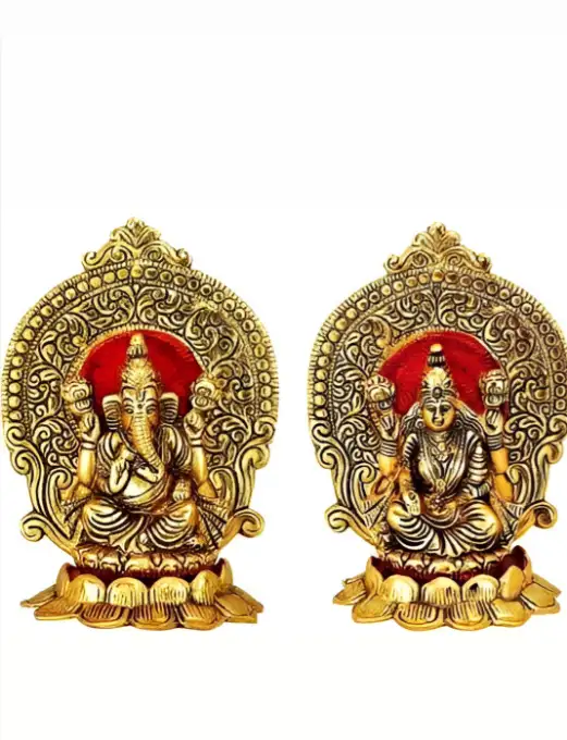 Image for NavyakshLakshmiandGaneshaGoldMetalMetallicPrayerRoomSet