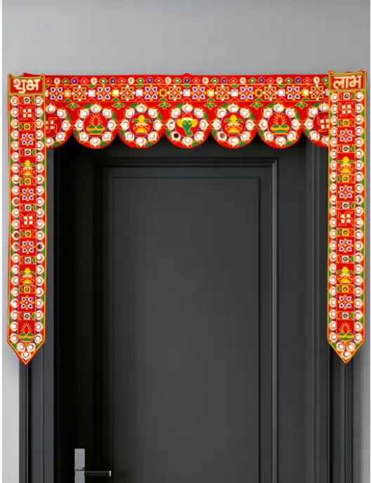 Image for TORNORYRed%26YellowShubhLabhEmbroideredSideHangingDoorBandarwal