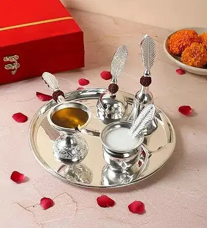 Image for ArtemadeHandcraftedSilverFinishPoojaSetof5