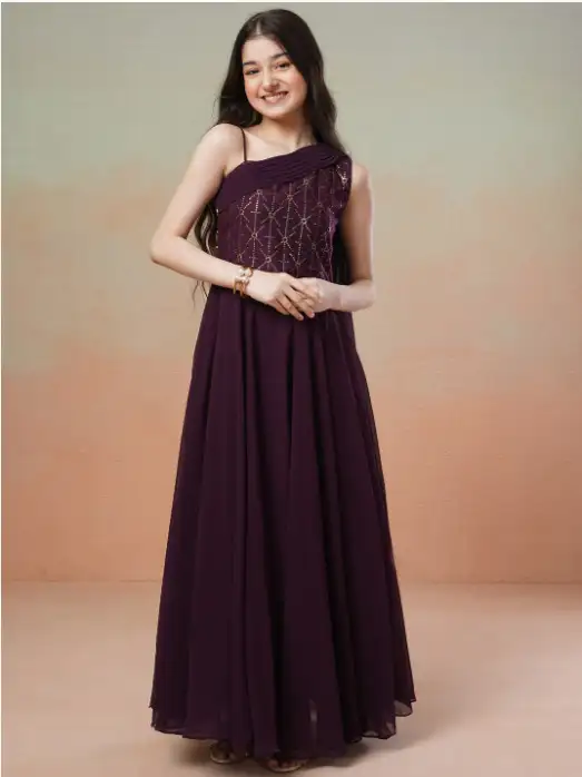 Image for InddusGirlsEmbroideredSequinedOneShoulderGeorgetteMaxiEthnicDress