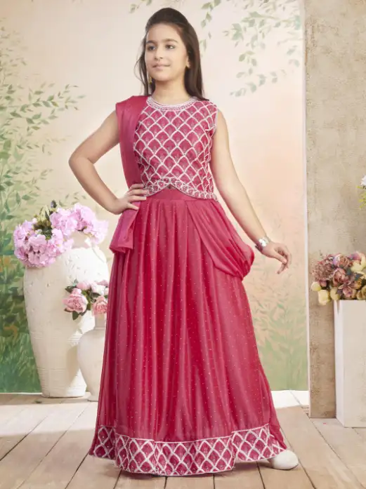 Image for SangriaGirlsEthnicWearRaniThreadEmbroideryGeorgetteLehengaCholiSet