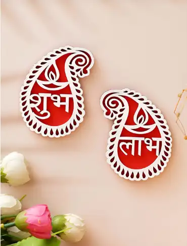 Image for eCraftIndiaRed2PiecesShubhLabhDiyaWoodenDecorativeShowpieces