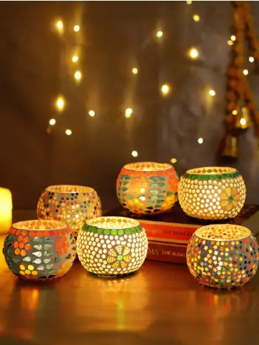 Image for TIEDRIBBONSSetof6WhiteMosaicGlassTeaLightCandleHolders