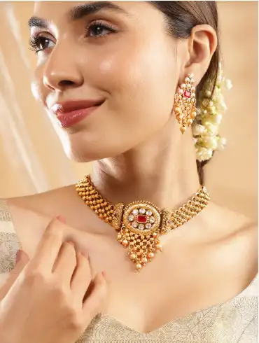 Image for Rubans22KGoldPlatedRuby%26WhiteKundanStuddedChokerJewellerySetwithGoldenBeads