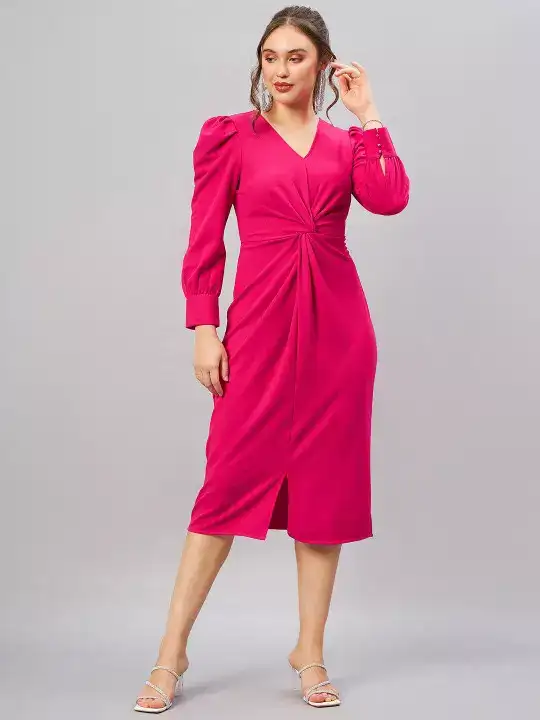 Image for Antheaa-PinkShirtCollarCuffSleevesPleatedSheathMidiDress