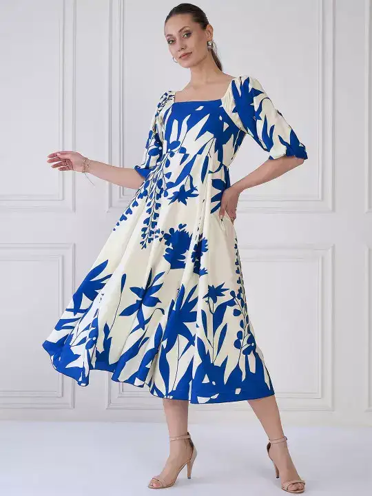 Image for Antheaa-FloralPrintedPuffSleeveA-LineMidiDress