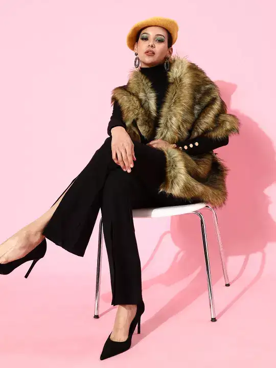 Image for InWeave-Women%E2%80%99sBeige%26DarkBrownSolidAcrylicFauxFurCapeShawl