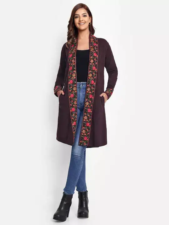 Image for HAUTEMODA-EmbroideredLonglineOpenFrontWoollenShrug