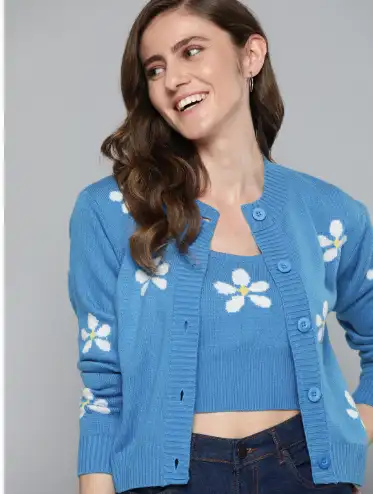 Image for Mast%26HarbourWomenBlue%26WhiteFloralPrintedCardiganwithTop