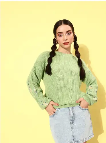 Image for DressBerryRoundNeckPulloverwithFloralEmbroideredDetailOnSleeves