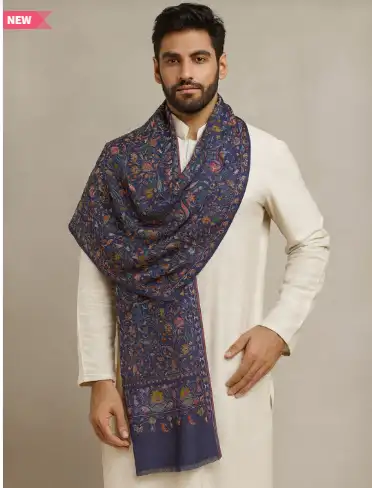 Image for MUFFLYMenKalamkariWovenDesignStolewithFringedBorder