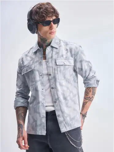 Image for HIGHLANDERMenAbstractPrintedSpreadCollarCasualShacket