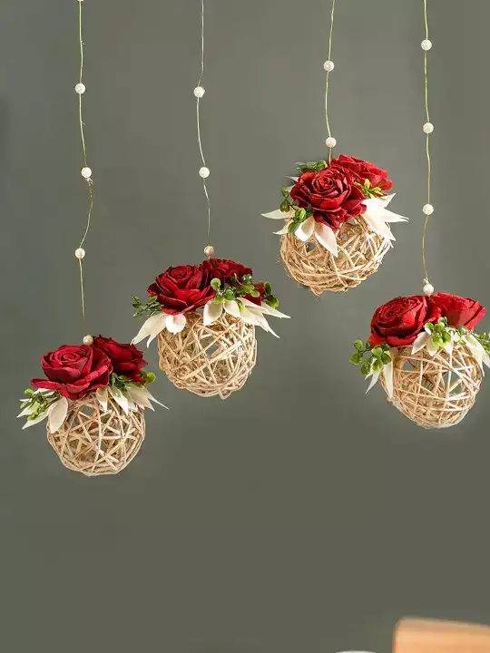 Image for Nestasia-Red%26BeigeSetOf4RoseWallHangingWithRattanBalls