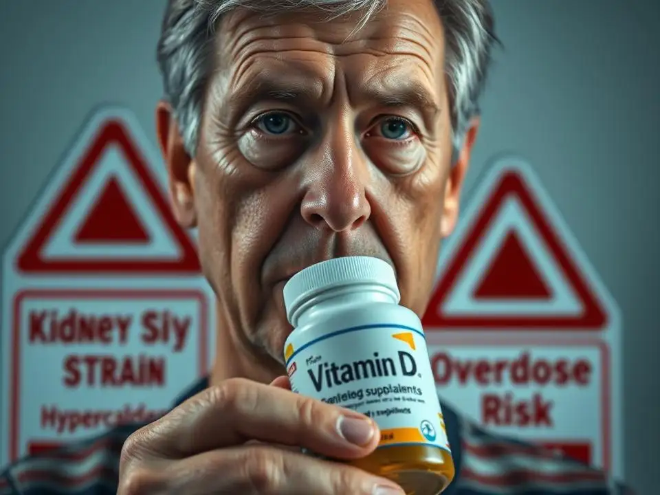 Cautionary image suggesting risks of high-dose vitamin D supplements and kidney health concerns.