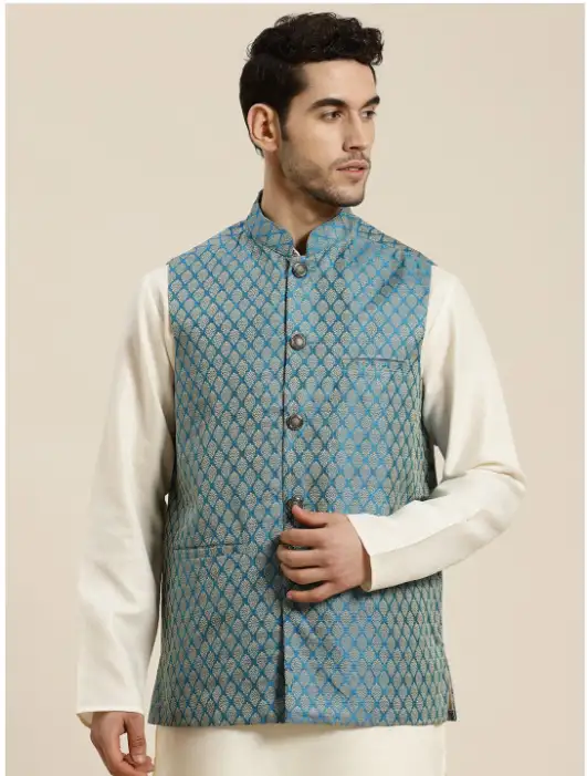 Image for SOJANYAMenTealBlue%26BeigeWovenDesignJacquardNehruJacket