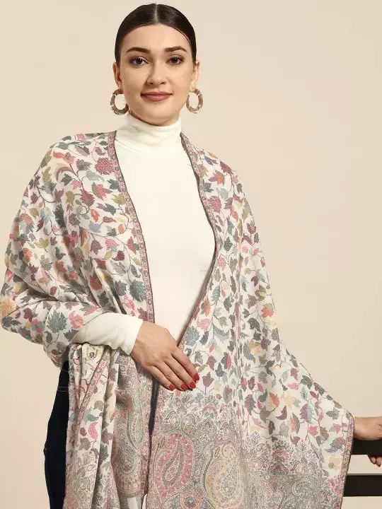 Image for Sangria-Women'sWhiteWoollenKashmiriKaaniWeaveShawl