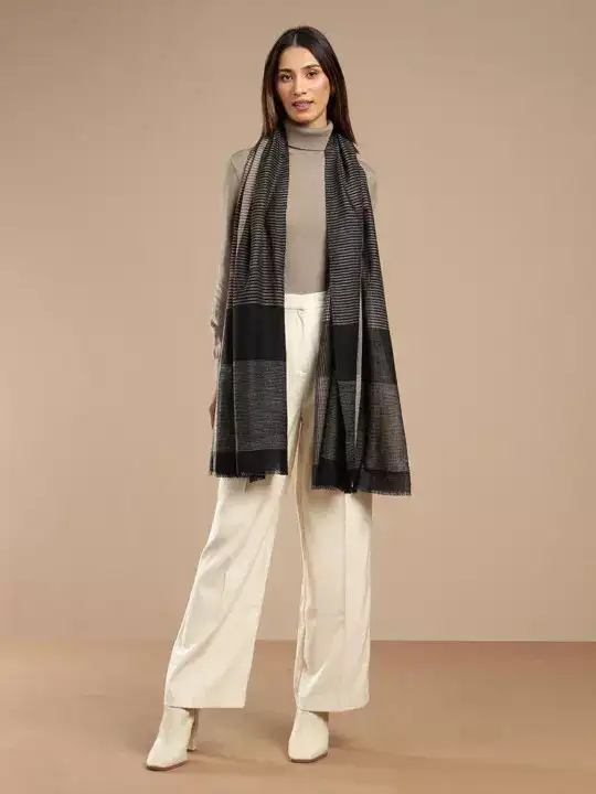 Image for Fabindia-StripedWovenDesignFringedBorderDetailCashmereWoollenShawl