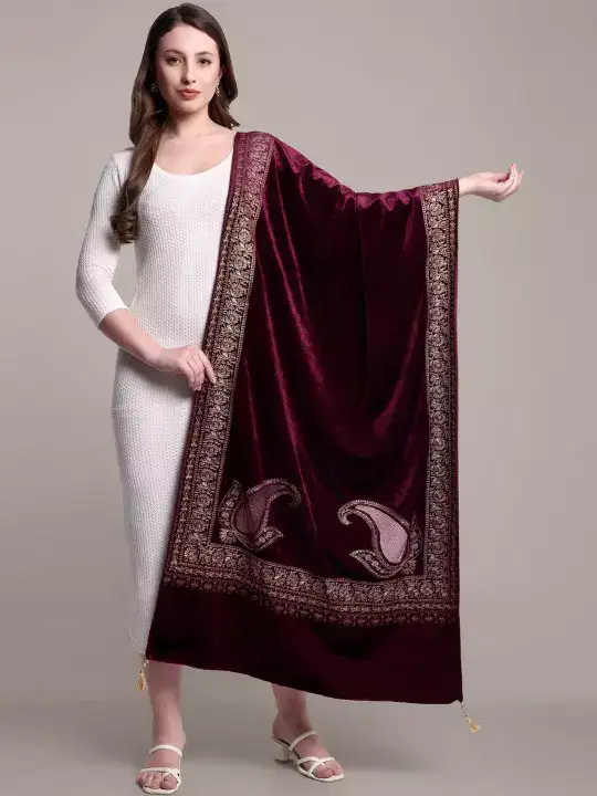 Image for Knitkala-Women'sVelvetZariEmbroideredBorderSwarovskiWorkShawl