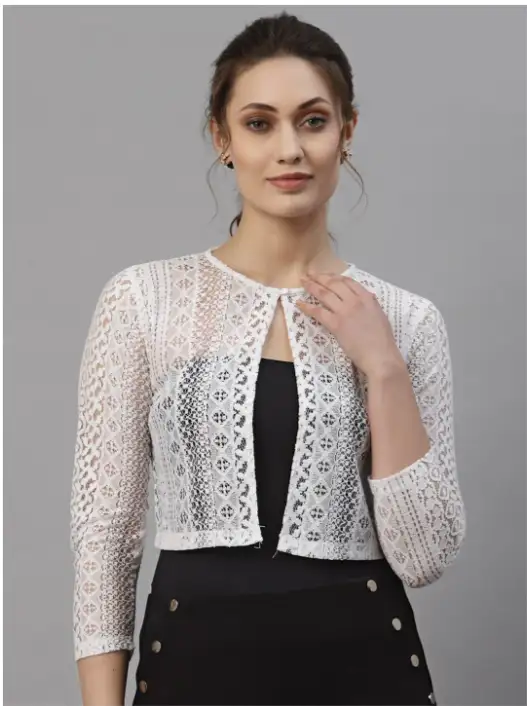 Image for StyleQuotientWomenWhiteLacedCroppedShrug