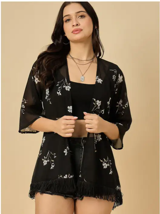 Image for AziraFloralPrintedTasselledOpenFrontGeorgetteShrug