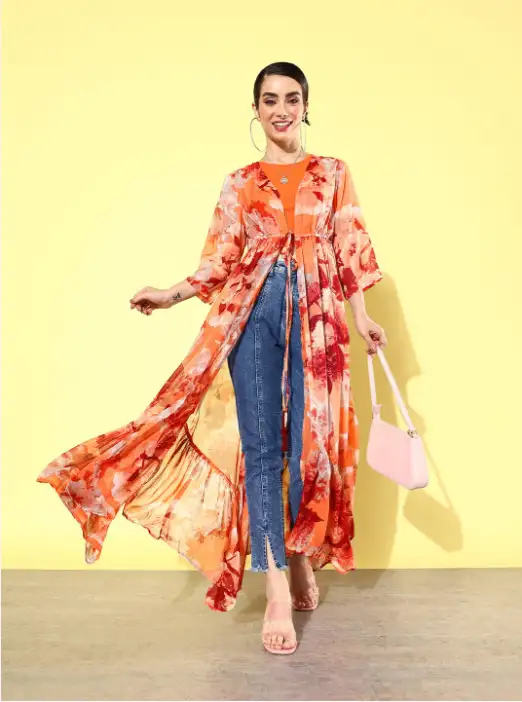 Image for QUIEROFloralPrintedLonglineTie-UpShrug