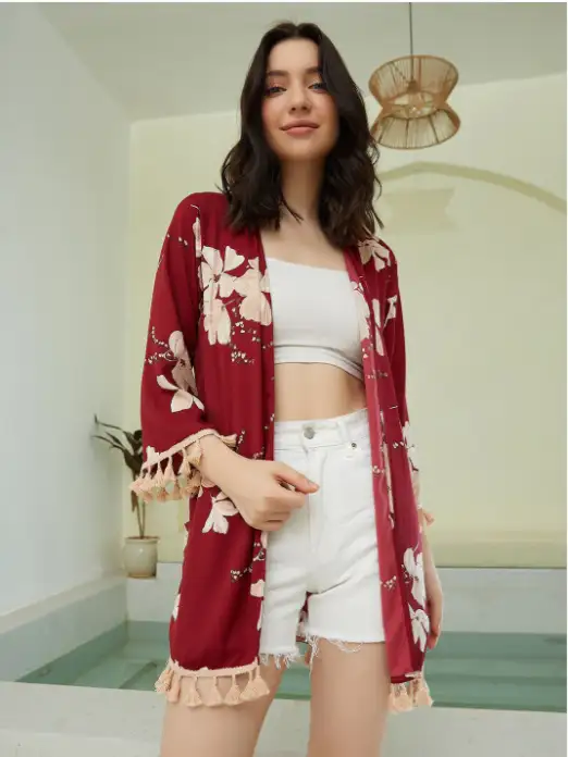 Image for BerrylushWomenPrintedTasselledLonglineShrug