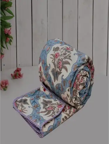 Image for RRCBlueandCreamFloralMicrofiberCottonReversibleSingleBedDohar