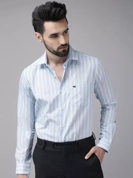 Image for THEBEARHOUSE-MenBluePureCottonStripedSlimFitFormalShirt