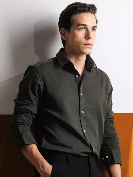 Image for RARERABBIT-MenOliveRegularFitPlainCasualShirt