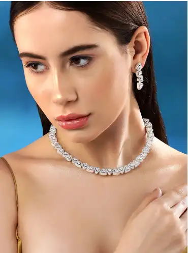 Image for RubansRhodium-PlatedPremiumCubicZirconiaStuddedStatementJewellerySet