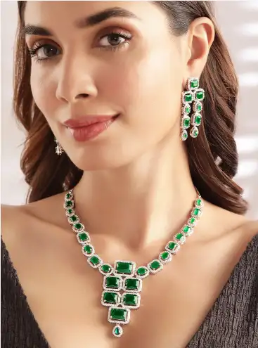 Image for RubansSilver-PlatedEmeraldPremiumStatementNecklaceSet