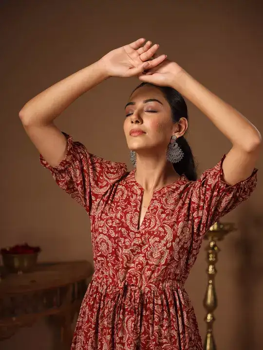 Image for Anayna-RedFloralEthnicA-LineCottonMidiEthnicDress