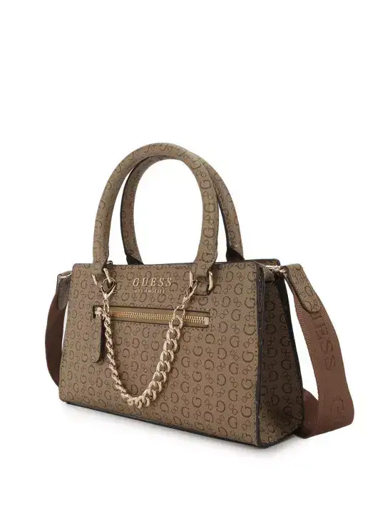 Image for GUESS-Women'sBrandLogoPrintedStructuredFringedSatchelBag