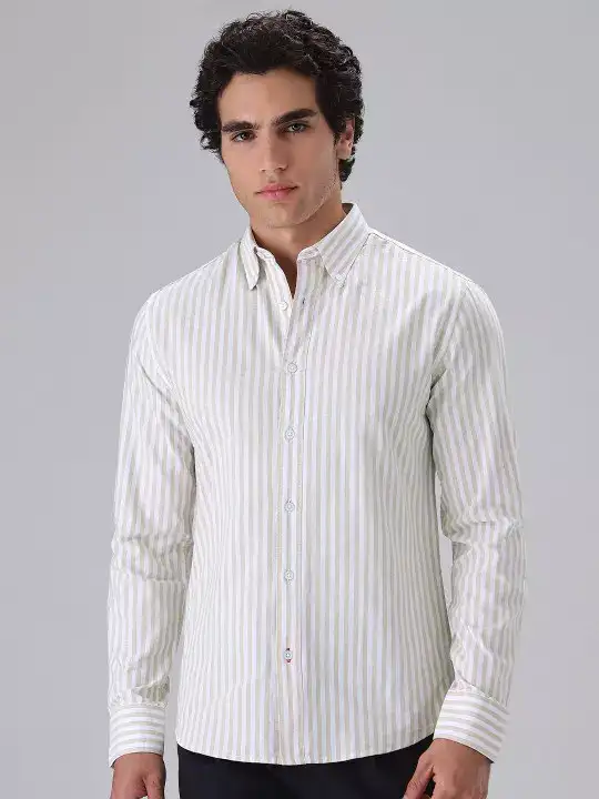 Image for BananaClub-MenBeigeCottonOxfordStripeShirt