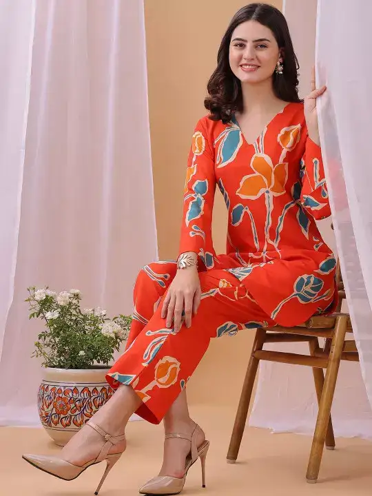 Image for KALINI-PrintedVNeckTopWithTrousersCo-Ords