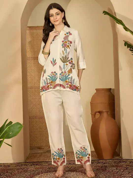 Image for Sangria-WomenEmbroideredShirtStyleTopWithTrousersCo-Ords