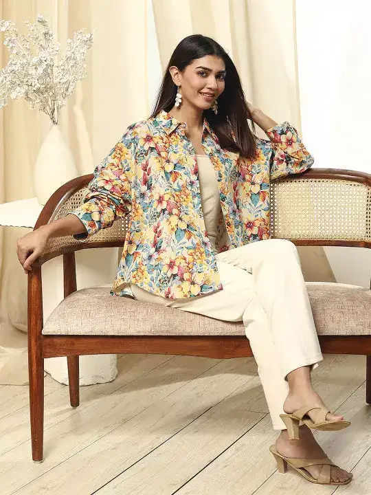 Image for Biba-Women'sSpreadCollarFloralPrintedCottonCasualShirt