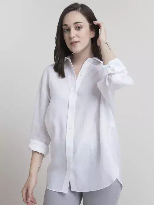 Image for FableStreet-WomenOversizedFitSpreadCollarSolidCottonCasualShirt