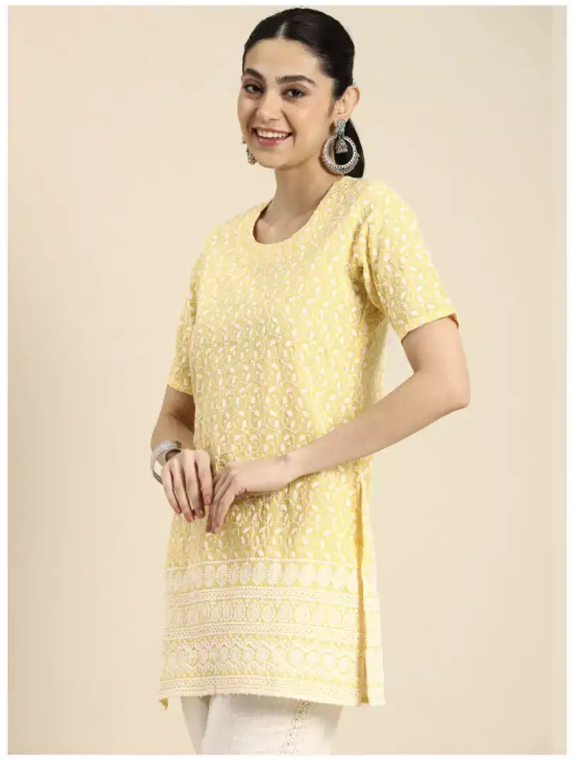 Image for AnoukEthnicMotifsEmbroideredChikankariPureCottonShortKurti