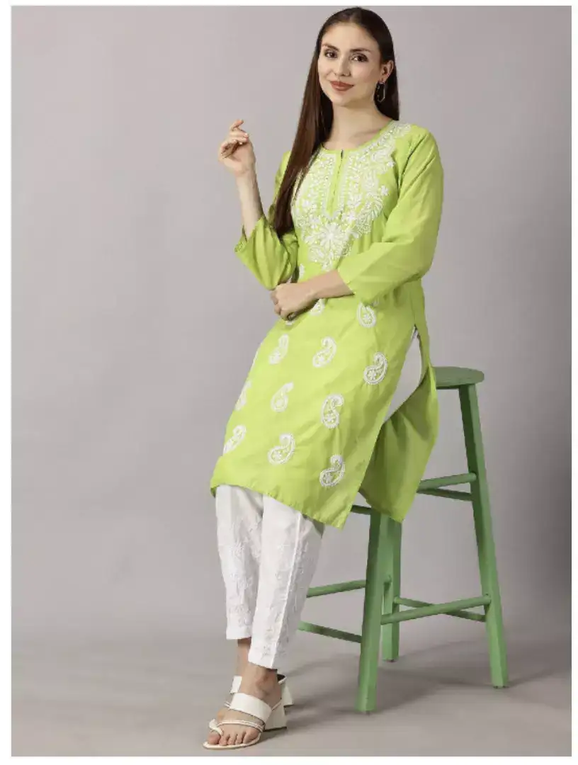 Image for FashionableChikanHandikraftPaisleyEmbroideredChikankariCottonStraightKurta