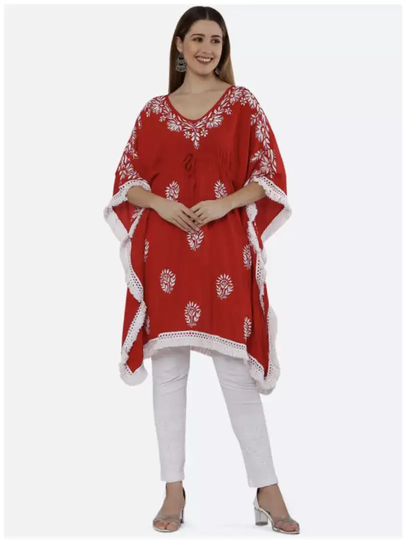 Image for FAWOMENTWomenRedEthnicMotifsPrintedChikankariKaftanKurta